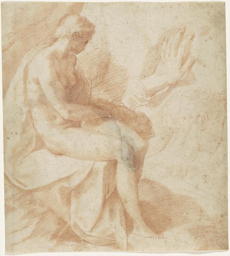 Jacopo Zanguidi (genannt Bertoia) Sitzende weibliche Figur, Hand- und Kopfstudie, um 1569–1572 Rote Kreide auf Papier, 23,7 x 21,1 cm Kunsthaus Zürich