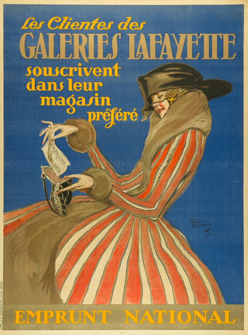 / Jean-Gabriel Domerque, Die Kunden der Galeries Lafayette zeichnen Staatsanleihen im Kaufhaus ihrer Wahl, Plakat, 1919, Lithografie © MKG Hamburg / VG Bild-Kunst, Bonn 2020