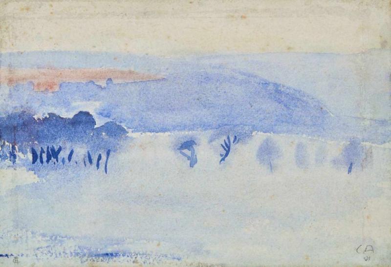 Amiet, Cuno (Solothurn 1868–1961 Oschwand) Landschaft. 1901. Aquarell auf Papier. Unten links und rechts in Bleistift monogrammiert. Unten rechts zusätzlich datiert. Verso mit Etikett: "SIK-ISEA 200121 002". Blattgrösse 18,2x26,7 cm.  Schätzpreis:	3.000 - 5.000 CHF