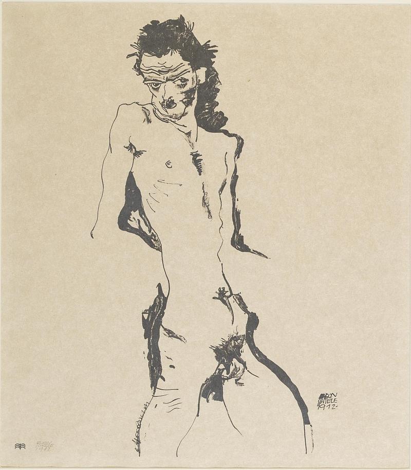 Egon Schiele (Tulln 1890-1918 Wien) "Männlicher Akt (Selbstbildnis) I", 1912, Lithographie auf gelblichem Velin, signiert und datiert Egon Schiele 1912, im Stein zusätzlich signiert und datiert und mit dem Verlagszeichen der Sema-Vereinigung versehen, eins von 200 Exemplaren, Darstellungsmaße 41,8 x 21,8 cm, Blattmaße 44,7 x 40 cm, aus der Mappe 'SEMA 15 Originalsteinzeichnungen', erschienen im Delphin-Verlag/München, Kallir 1 b 2 (von b 2) Rufpreis € 12.000