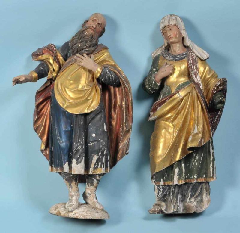 Figurenpaar - Hl. Anna und Hl. Joachim Holz, farbig gefasst (berieben), H= 75 cm, 18. Jh., leicht besch. Mindestpreis:	700 EUR