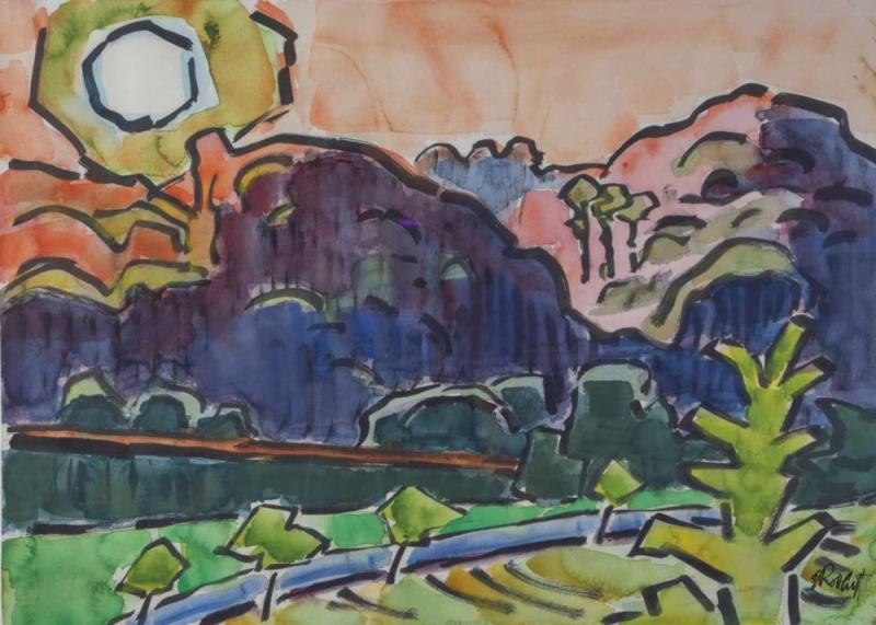 Karl Schmidt-Rottluff 1884 Rottluff - 1976 Berlin Nachmittagssonne im Taunus, 1959. Aquarell auf Papier. Signiert unten rechts. 50,1 x 70,3 cm  Schätzpreis:	18.000 - 24.000 EUR