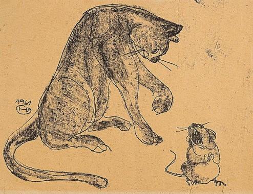 Hermann Serient  Katz und Maus  Monotypie/Papier 24 x 32 cm  monogrammiert HS, datiert 1961