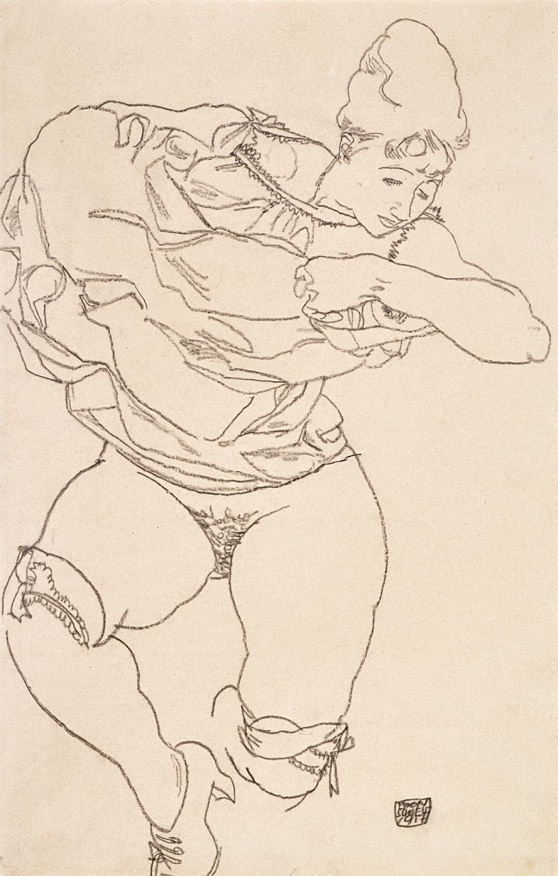 Egon Schiele (1890 - 1918) Sich entkleidende Frau, 1917, schwarze Kreide auf Papier, 46,2 x 29,5 cm, Kallir Nr. 1942, erzielter Preis € 271.700 Dieses Los wird aufgrund eines Vergleichs zwischen dem derzeitigen Eigentümer und den Erben von Dr. Heinrich Rieger verkauft.