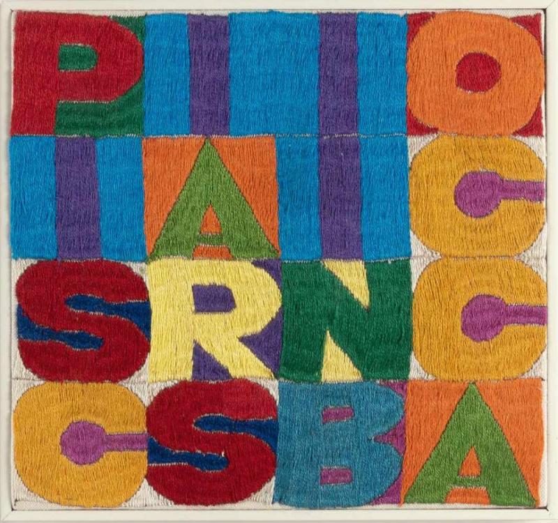 Alighiero Boetti „Pisciarsi in bocca“ Handstickerei auf Leinwand. (Ca. 1976). Ca. 17,5 x 18,5 cm. Mindestpreis:	25.000 EUR Aufrufpreis:	25.000 EUR Schätzpreis:	25.000 - 35.000 EUR