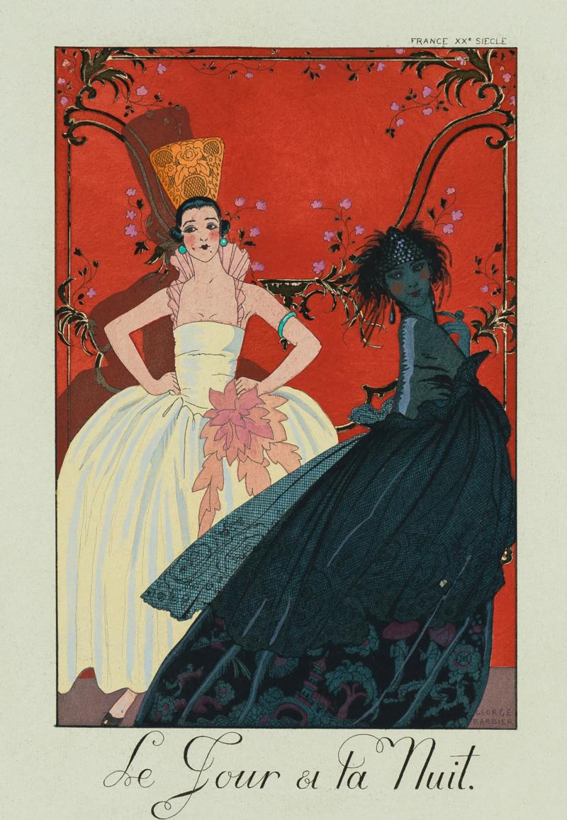 George Barbier, Der Tag und die Nacht, 1921, Tafel aus Falbalas et Fanfreluches, Almanach pour 1922, Pochoir und Strichätzung © MKG Hamburg