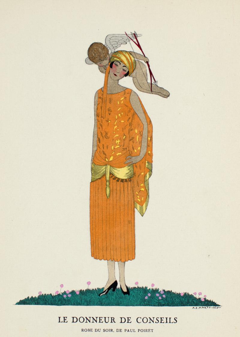 André Édouard Marty, Der Ratgeber, Abendkleid von Paul Poiret, Illustration aus La Gazette du Bon Ton, 1924/1925, Pochoir und Strichätzung © MKG Hamburg / VG Bild-Kunst, Bonn 2020