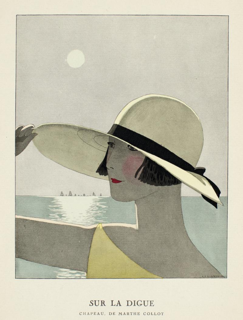 André Édouard Marty, Auf La Digue – Sonnenhut von Marthe Collot, Illustration aus La Gazette du Bon Ton, 1925, Pochoir und Autotypie © MKG Hamburg / VG Bild-Kunst, Bonn 2020