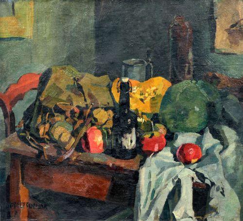 054   Bernhard Kretzschmar, Stillleben mit Äpfeln, Kürbis und Flasche. 1917.