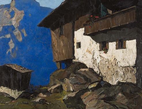 Oskar Mulley  Bauernhaus, um 1929  Öl/Leinwand 82 x 106,5 cm  signiert Mulley beschriftet Kufstein Tirol  verso beschriftet III Bauernhaus Mulley Kufstein Tirol  Preis: € 48.000