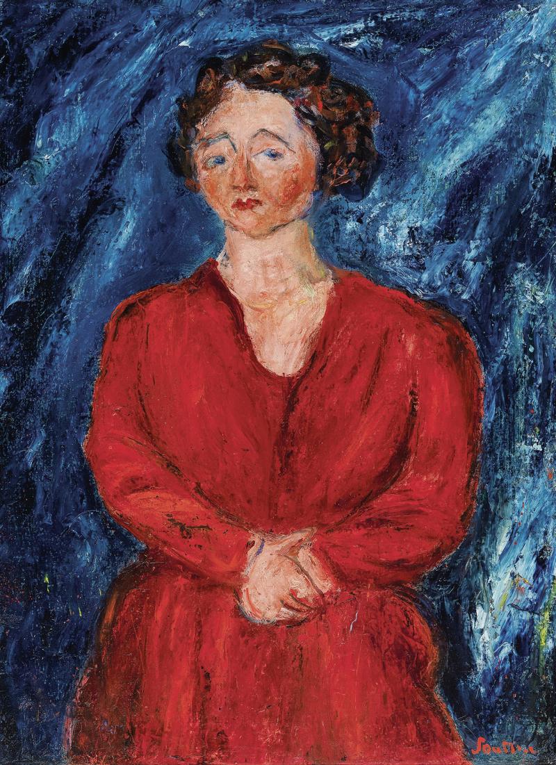 Chaim Soutine (Smilawitschy 1893 - 1943 Paris) La femme en rouge au fond bleu, 1928, signiert, Öl auf Leinwand,  75,5 x 54,9 cm, erzielter Preis € 1.811.555