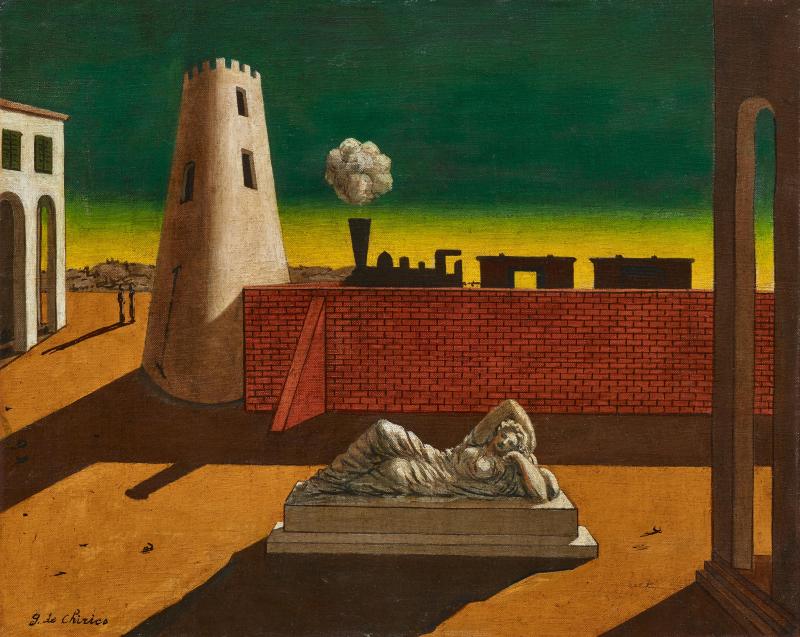 Giorgio de Chirico (Volos, Griechenland 1888–1978 Rom) Piazza d’Italia, Ende 1940er, signiert; auf der Rückseite signiert, Echtheitserklärung und notarielle Beglaubigung (datiert 1. April 1963), Öl auf Leinwand, 40 x 50 cm, erzielter Preis € 271.700