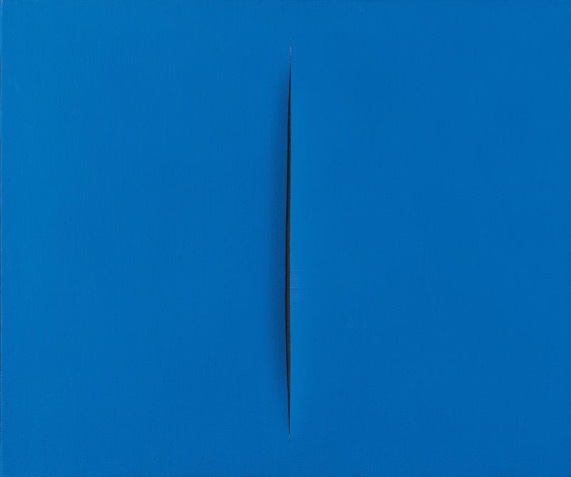 Lucio Fontana (Rosario di Santa Fe, Argentinien 1899–1968 Comabbio) Concetto Spaziale, Attesa, 1967/1968, auf der Rückseite signiert, betitelt und bezeichnet: l. Fontana/ Concetto Spaziale/ATTESA/ Ventimilaqua/trocentoventi/ cinque e 30 cm, Wasserfarbe auf Leinwand, blau, 46 x 55 cm, in Plexiglasbox, erzielter Preis € 552.300