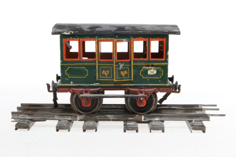 Märklin Postwagen 1802, S 2, uralt, HL, mit Diensteinrichtung und 2 DT, Dach und Trittstufen rest., LS tw ausgebessert, gealterter Lack, dazu 3 Kurzschienen, L 16,5, sonst noch Z 2-3   Startpreis: 250,00 €