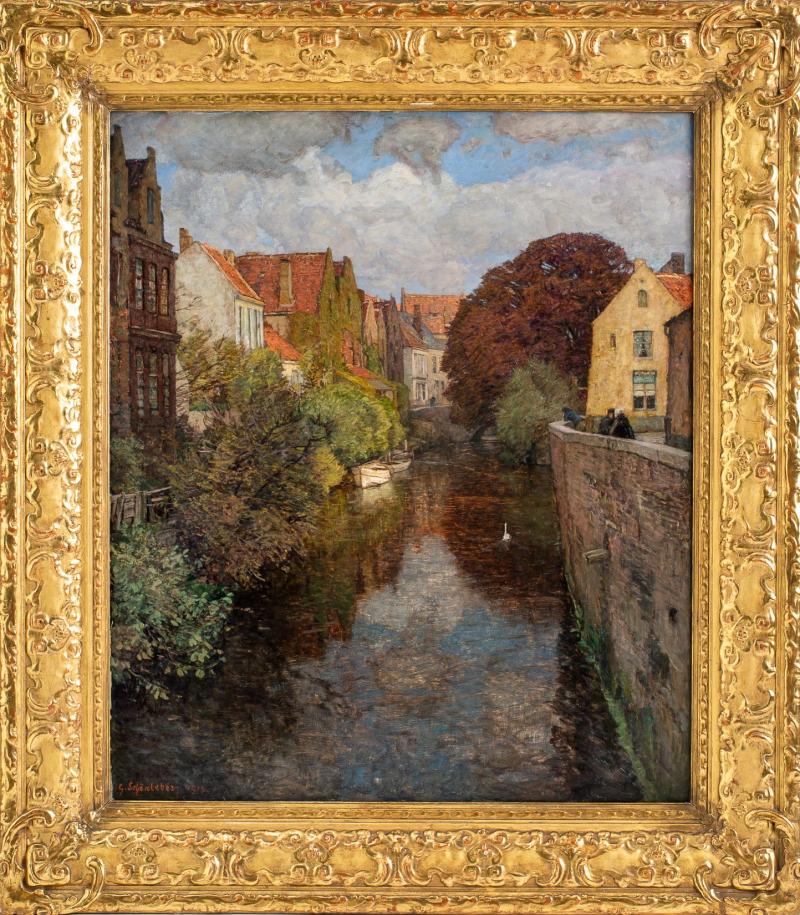 Lot 1194 Schönleber, Gustav 1851 Bietigheim - 1917 Karlsruhe.  Öl/Lw. Sonnige Partie in Brügge mit Blick über einen Kanal. Rechts auf der Uferbefestigung Spaziergänger. U.l. sign. u. 1913 Limit: 4 500,-- EURO