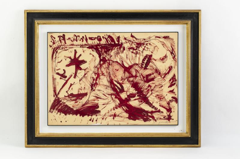 Lot 1235 Penck, A.R. 1939 Dresden - 2017 Zürich.  Aquarell/Gouache aufgezogen auf Lw. Ohne Titel. Rote Komposition  mit Stern und Köpfen. U.r. mit Bleistift sign. (Min. Farbabriebe links u. o.r.). 75 x 100 cm. R. Lit.: 1,14. (e8074043) Limit: 8 500,-- EURO