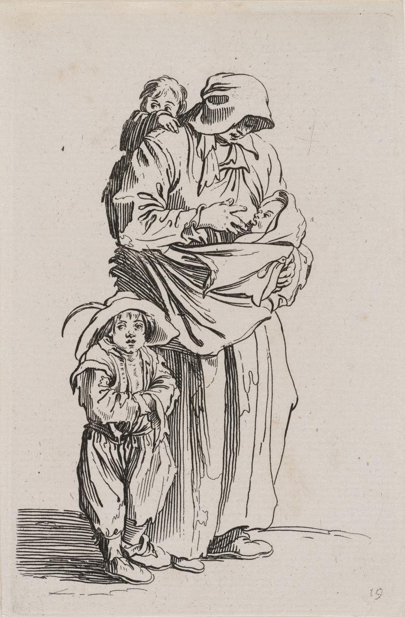 Jacques Callot (1592–1635), "Die Bettlerin mit drei Kindern", aus der Reihe "Die Bettler", um 1622,  Radierung, Alte Galerie