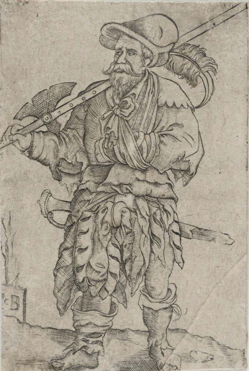 Jakob Binck (zw. 1494 und 1500–1569), "Verwundeter Hellebardier in zerrissener Kleidung", aus der Reihe "Offiziere und Soldaten", 1555,  Kupferstich, Alte Galerie  Jakob-Binck-Verwundeter-Hellebardier-in-zerrissener-Kleidung.jpg (2.56 MB)