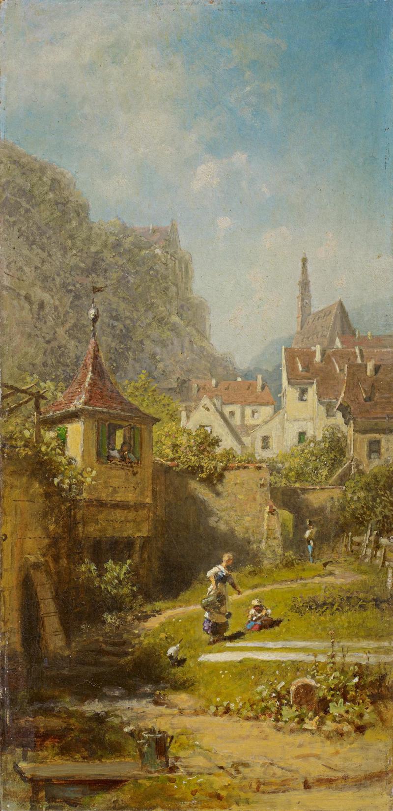 Carl Spitzweg (1808 – 1885)  Der Wäscheplatz vor der Kleinstadt | Um 1879 | Öl auf Karton | 40 x 20cm Taxe: 50.000 – 70.000 €