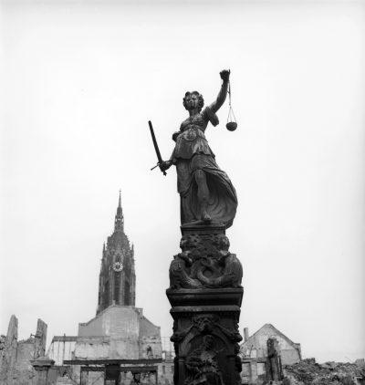 Justice amid the ruins, Frankfurt, Germany 1945 by Lee Miller © Lee Miller Archives England 2021. All Rights Reserved. www.leemiller.co.uk