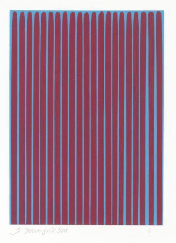 Ian Davenport /  Colour Explosion /  Ian Davenport, Etched Lines: Napthol Crimson on Light Blue Permanent 2008 Radierung / 64 x 50 cm / Unikat