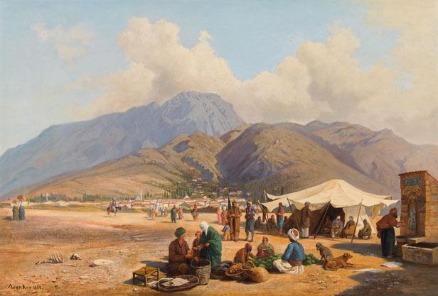 Anna Lynker, „Orientalischer Markt“, 1866,  Öl auf Leinwand, 51 x 75 cm, Neue Galerie Graz, Foto: Auktionshaus im Kinsky GmbH, Wien