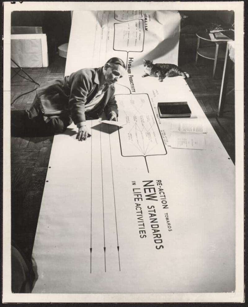 Friedrich Kiesler auf seinem "Metabolism Chart", New York, 1947, Fotograf: Ben Schnall.