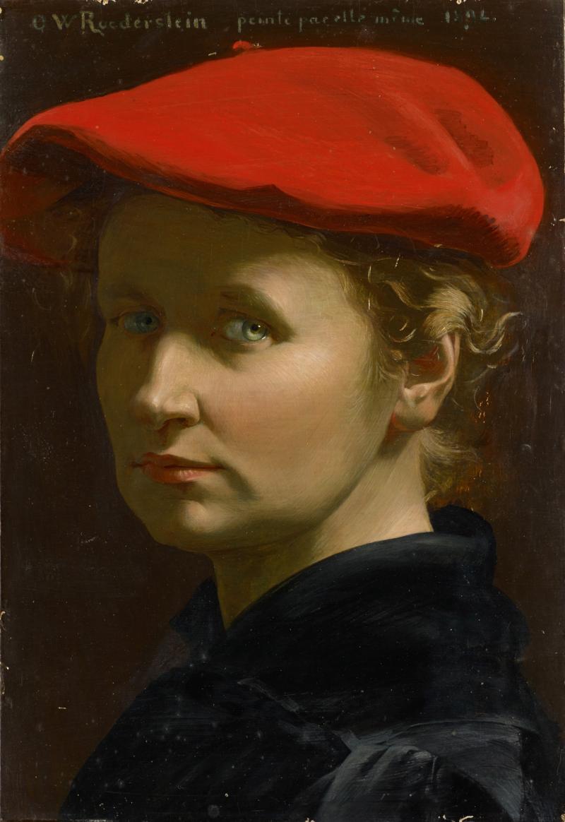 Ottilie W. Roederstein, Selbstbildnis mit roter Mütze, 1894, Tempera auf Holz, 36 x 44 cm, Kunstmuseum Basel, Geschenk eines Kunstfreundes in Zürich 1936