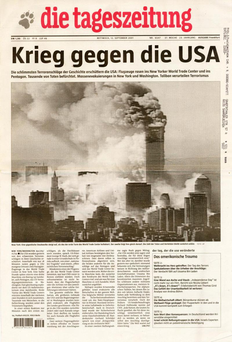 die tageszeitung, 12.09.2001 (c) Sammlung Deutsches Zeitungsmuseum (Stiftung Saarländischer Kulturbesitz)