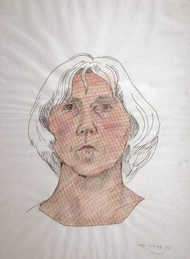 Maria Lassnig, Selbstporträt hinter Gitter, 1976, Bleistift, Buntstift, Papiercollage, Sammlung Klewan © Maria Lassnig Stiftung / VG Bild-Kunst, Bonn 2021