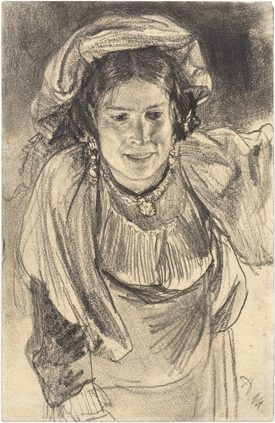 ADOLPH MENZEL Vorgebeugte weibliche Figur in Tracht von vorn (Maria Cocozza). Um 1881/82. CHF 9 000/12 000