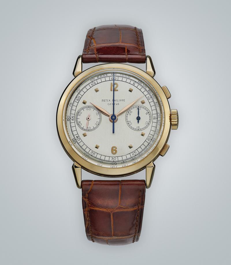 Patek Philippe Chronograph mit Stoppfunktion,"Spider Lugs" Referenz 1579, um 1950, Schätzwert € 70.000–110.000