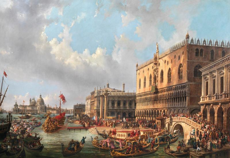 Luigi Querena (Venedig 1824 - 1890) Der gesegnete Doge Francesco Morosini verlässt im Jahr 1693 Venedig um auf der Peloponnes die Türken zu bekämpfen, Öl auf Leinwand, 132 x 190 cm, erzielter Preis € 528.000 Weltrekordpreis