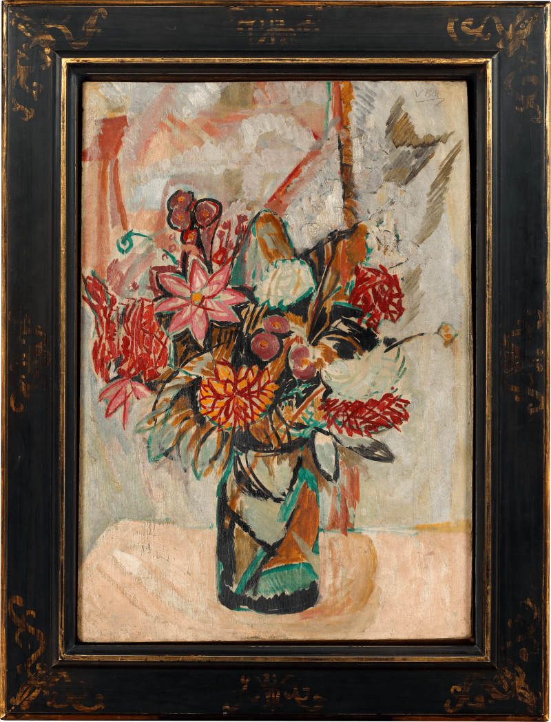 Philip Mould & Company, Vanessa Bell 1879-1961 Still-life of Dahlias, Chrysanthemums and Begonias 1912 Oil on board laid on panel 73 × 51.7 cm. (28 ¾ × 20 ⅜ in.) Signed V Bell (upper right)