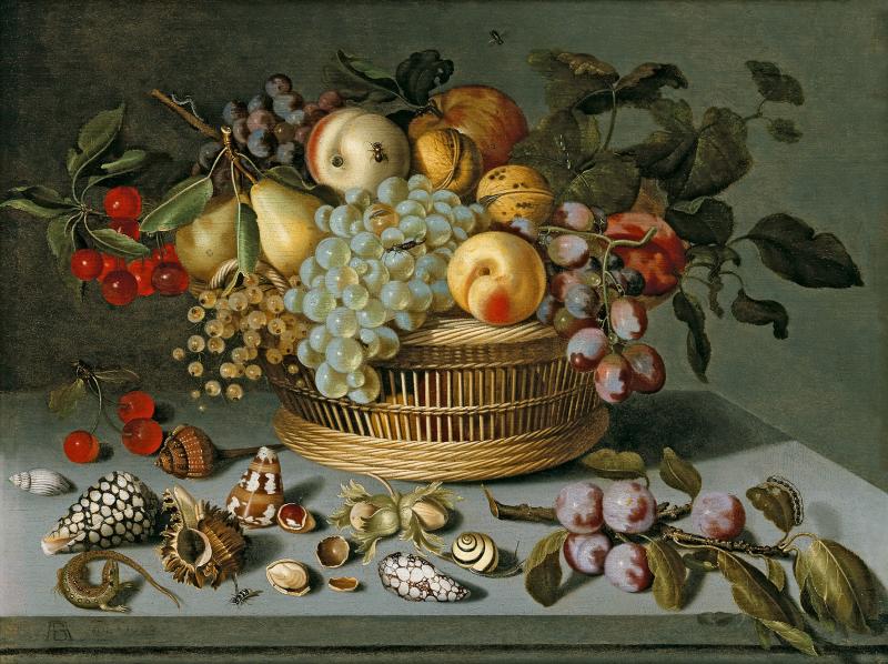 Ambrosius Boschaert II (Arnemuiden 1609 - 1641 Utrecht) Ein Korb mit Früchten, Muscheln, einer Eidechse und Insekten auf einer steinernen Tischplatte, Öl auf Holz, 37,5 x 49,5 cm, Auktion Alte Meister, 11. Mai 2022, Schätzwert € 200.000 - 300.000