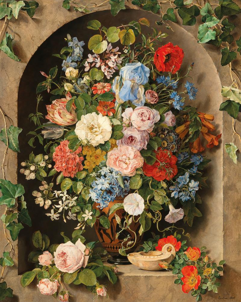 Pauline von Koudelka-Schmerling (Wien 1806 - 1840) Großes Blumenstück in einer griechischen Vase mit Öllampe, signiert, datiert 1836, Öl auf Holz, 68 x 54,5 cm, Auktion Gemälde des 19. Jahrhunderts, 10. Mai 2022, Schätzwert € 40.000 - 50.000