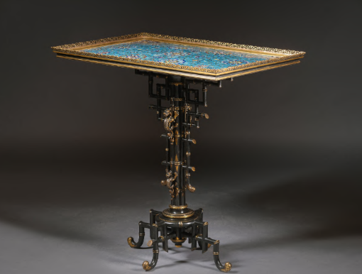 Ferdinand Barbedienne (1810 – 1892); the designattributed to Édouard Lièvre (1828 – 1886)A ‘Japonisme’ Patinated TableCirca 1870Chinese enamel; gilt and patinated bronze89 x 87 x 56 cm (35 x 34 x 22 in.) PRESENTED BY ADRIANALAN LTD