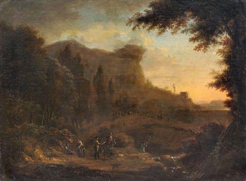 001   Johann Alexander Thiele, Felsige Landschaft mit Bachlauf. Um 1730.  Öl auf Leinwand. Signiert u.re. "AThiele fecit". In einem goldfarbenen Schmuckrahmen gerahmt. 7.000-8.000 €