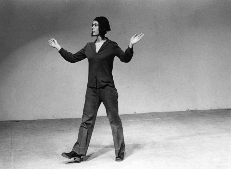 Babette Mangolte.  Yvonne Rainer dancing her solo “Trio A”, in the performance “Story about a woman who…”, Theater for the New City on Jane Street, New York City, 1973. Courtesy Babette Mangolte.