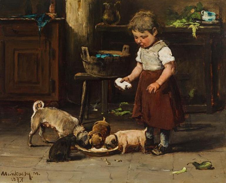 Mädchen mit Hundefamilie, 1877 von Mihály von Munkácsy  Verkaufspreis von € 179.500