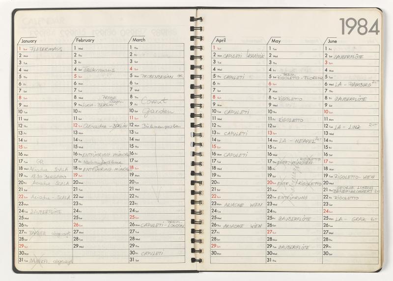 Nr. 67 Edita Gruberová, künstlerischer Kalender 1984 - 2020, Konvolut von sieben Zehn Jahreskalender (NBS Ten Years Diary) mit Eintragungen sämtlicher Opernaufführungen, Proben, Tourneen, Schallplattenaufnahmen etc., zusammen ca. 150 Seiten, Startpreis € 3.000