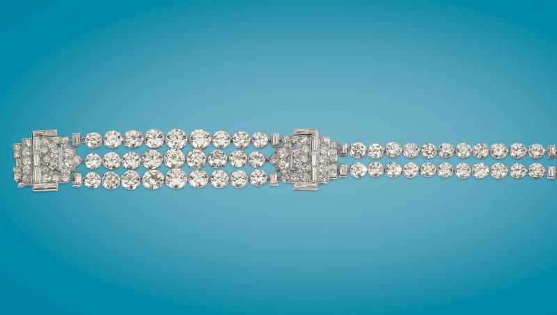 Cartier Diamantarmband, zusammen ca. 30 ct, Platin, signiert Cartier London, Arbeit um 1930, Schätzwert € 70.000 – 110.000