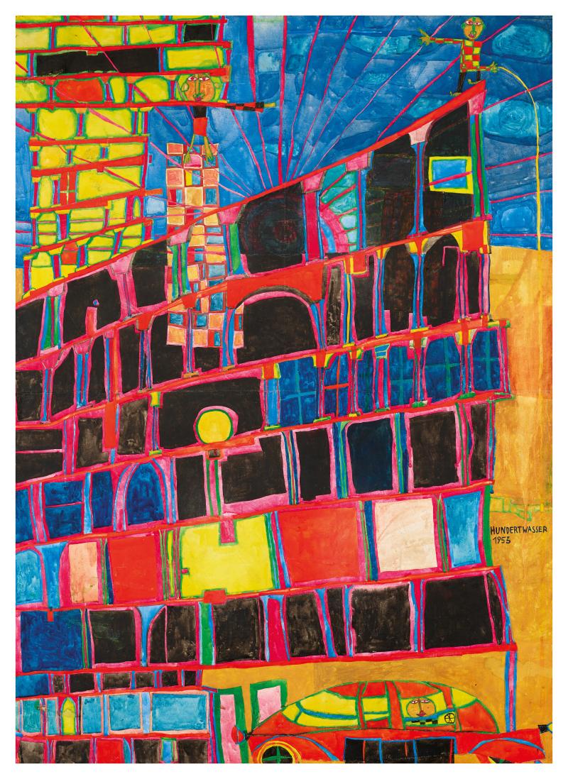 Friedensreich Hundertwasser "Arkadenhaus und Gelber Turm", 1953 Aquarell auf Papier, grundiert mit Kreide, Zinkweiß und Fischleim auf Leinwand montiert 123 x 89,5 cm © Galerie bei der Albertina ▪ Zetter, Friedensreich Hundertwasser, Bildrecht Wien 2022