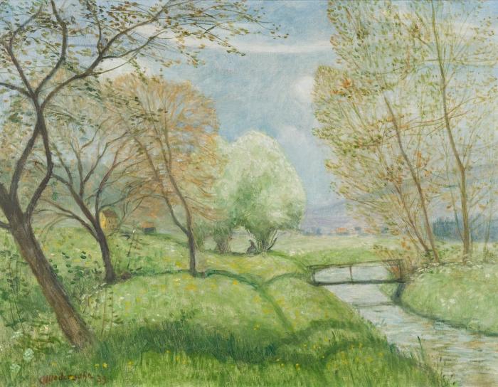 Lot 44 - Otto Modersohn, Allgäu - Frühling im Wäldchen am Hirschbach, 1939, Ruf: € 10.000,--, SP: € 20.000 - 25.000,--