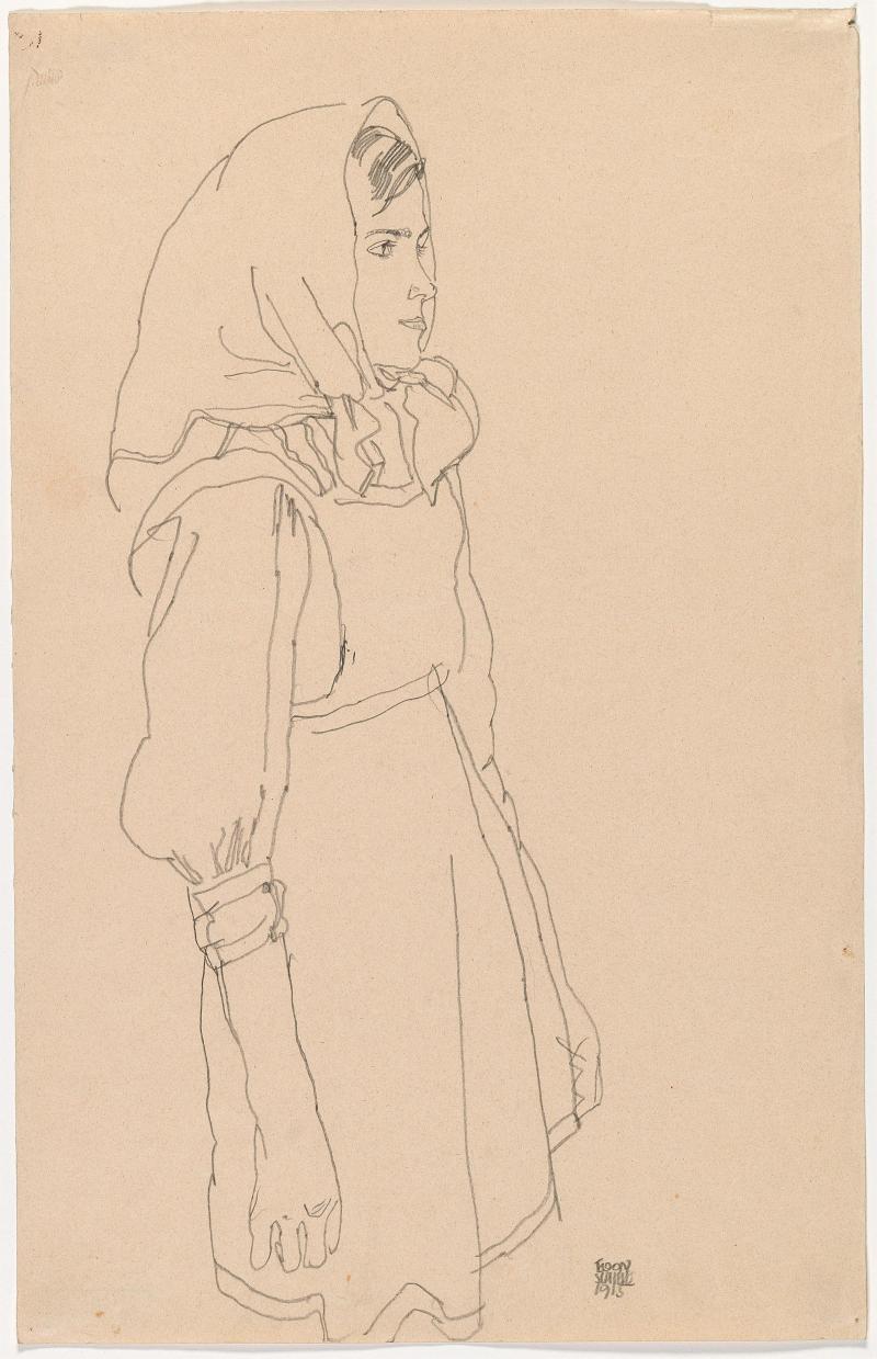 Egon Schiele (Tulln 1890–1918 Wien) Stehendes Bauernmädchen mit Kopftuch, signiert und datiert EGON SCHIELE 1915, auf der Rückseite Nachlassstempel und Egon-Schiele-Archiv-Stempel, Bleistift auf Papier, 46 x 29,4 cm, erzielter Preis € 203.000