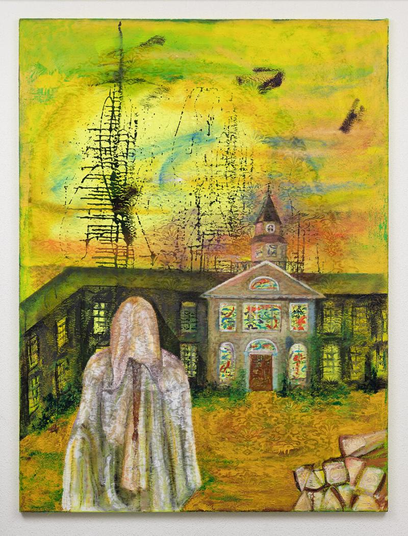 Anne Fellner, Forever Home 1, 2022, oil, vinyl paint, pigment, ink, spray paint on textile, 180 × 135 cm. Courtesy: the artist and Damien & The Love Guru, Brussels/Zurich; Photograph: Felix Jungo