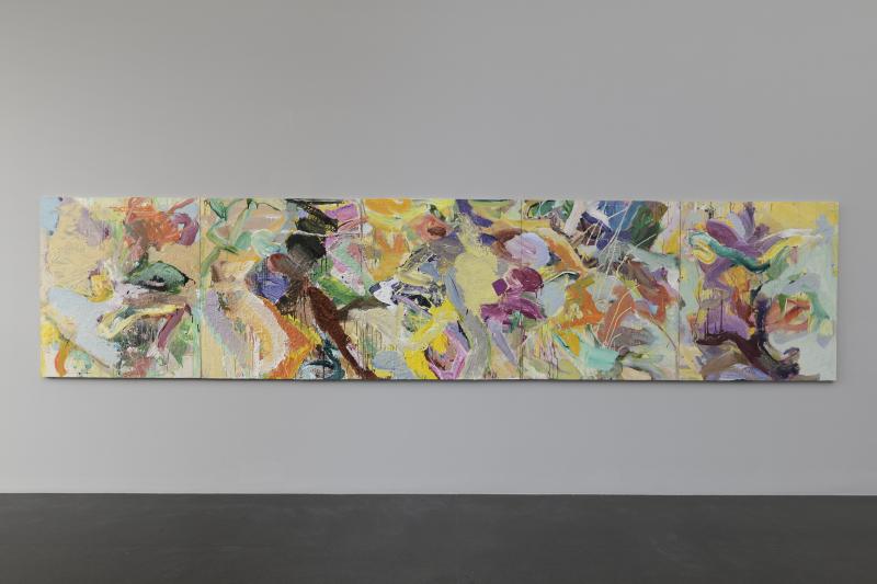 Maria Zgraggen, Noon in the Eyes of the Birds, 2022, Ausstellungsansicht Kunstmuseum Luzern Acryl auf Leinwand, 5-teilig, total 130 x 575 cm Foto: Marc Latzel, Courtesy of the artist