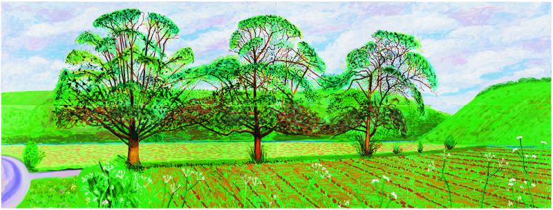 David Hockney Three Trees near Thixendale, Spring, 2008 Öl auf acht Leinwänden, 183 x 488 cm Sammlung Würth, Inv. 12500 © David Hockney