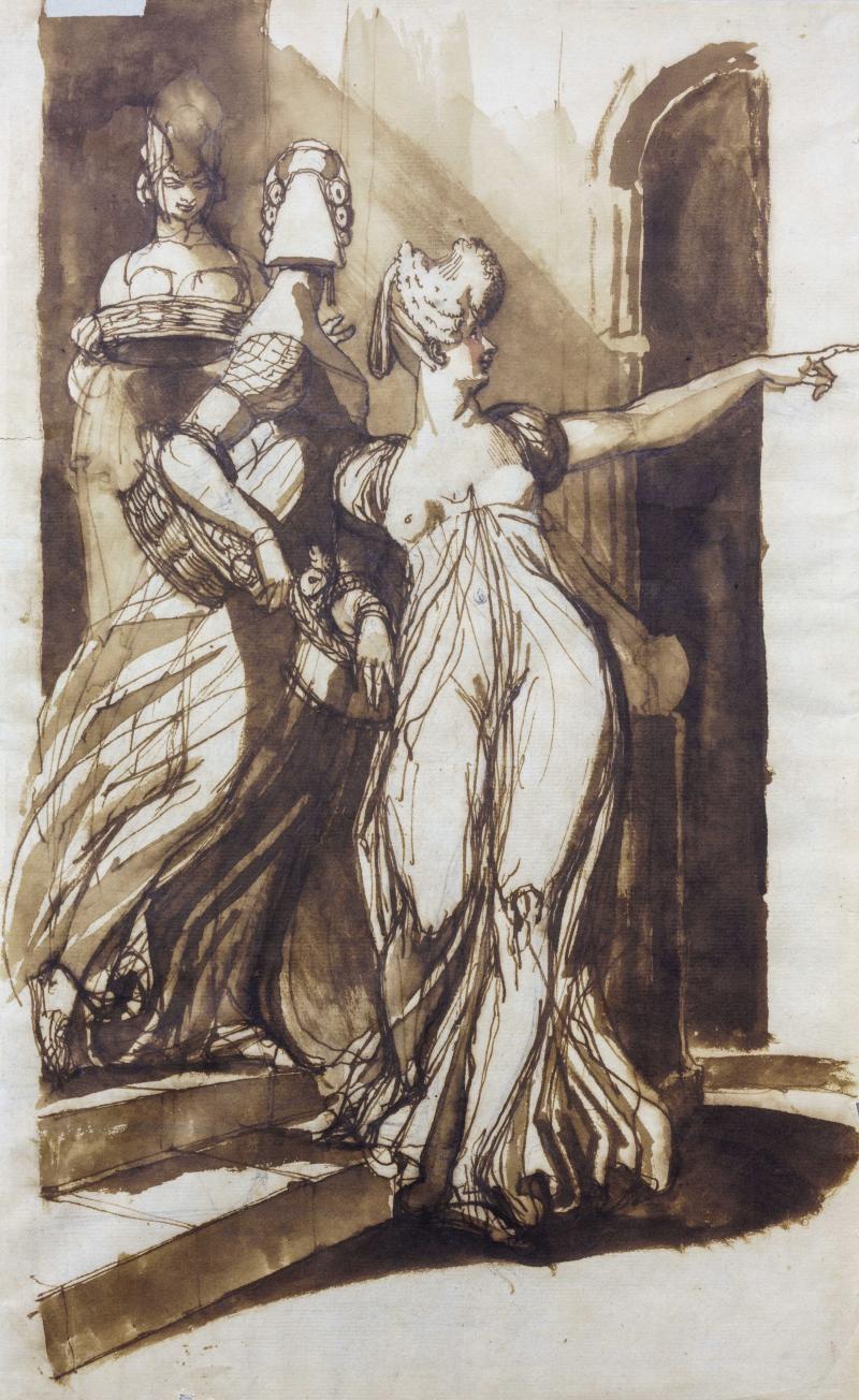 Johann Heinrich Füssli, Drei Frauen mit Körben, eine Treppe herunterstei- gend, um 1800 Feder in Braun, Pinsel, braun laviert, und Spuren von roter Lavierung über Grafitstift, 37,5 x 23,2 cm Nottingham City Museums & Galleries, Foto © Nottingham City Museum and Art Gallery