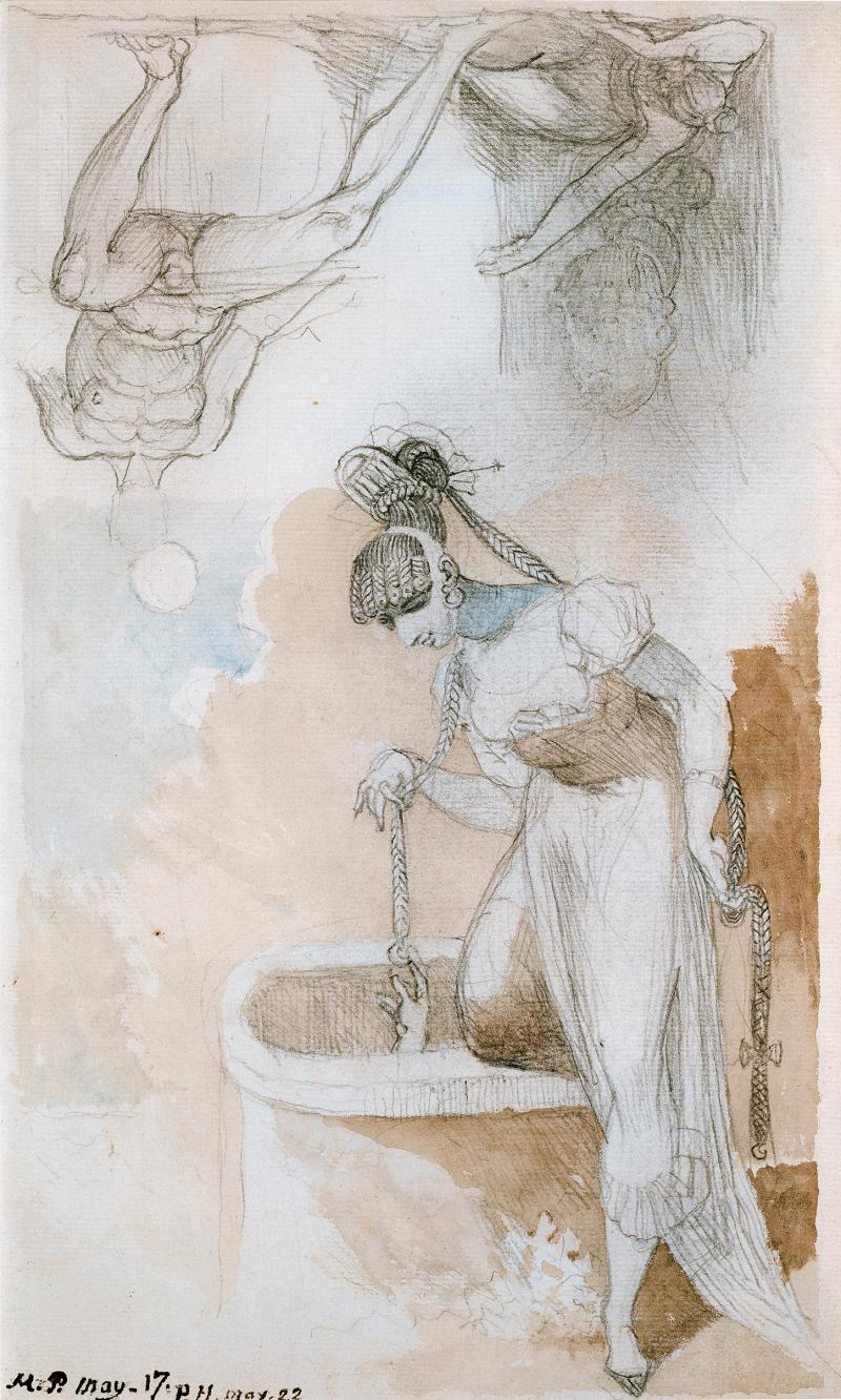 Johann Heinrich Füssli, Frau mit langen Zöpfen, die eine in einem Brunnen gefangene Person neckt, sowie Studie zu Ezzelin und Meduna, 1817–1822 Grafitstift, schwarze Kreide und Pinsel, aquarelliert, 32,1 x 19,4 cm Kupferstich-Kabinett, Staatliche Kunst- sammlungen Dresden, © Kupferstich- Kabinett, SKD, Foto: Herbert Boswank